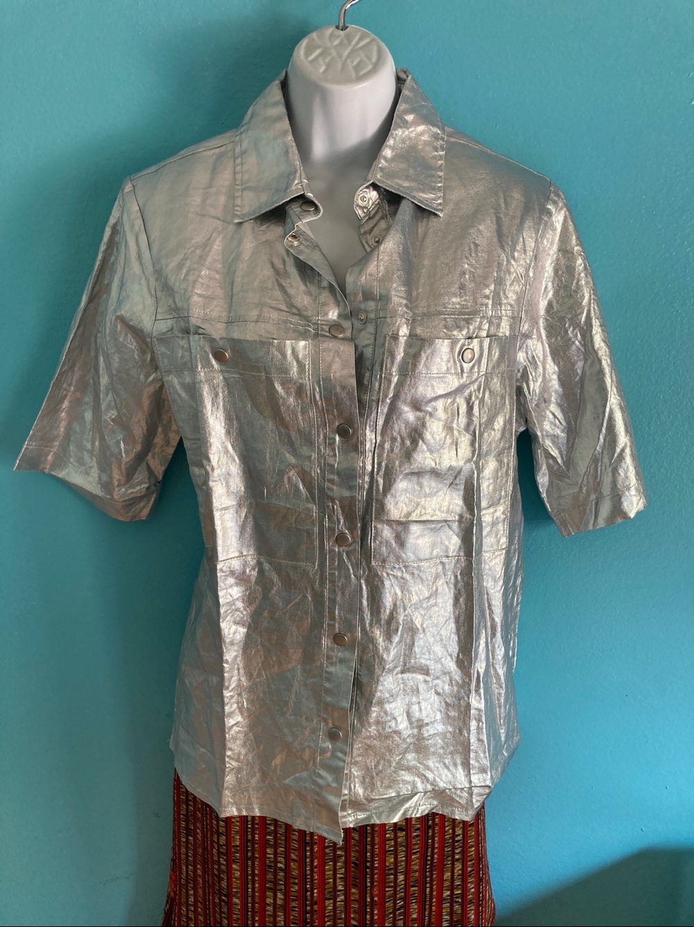 Lanhtropy San Marino Silver Metallic Linen Shirt Jacket Top NWOT Size S